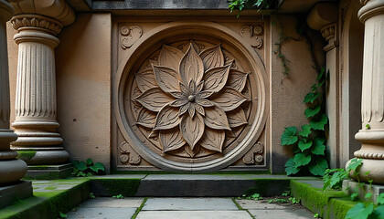 Decorative Stone Wall Panel with Lotus Flower Design Flanked by Classical Columns in Garden Setting