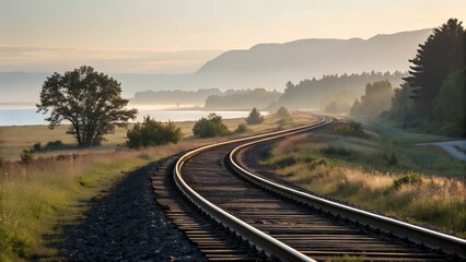 Railroad tracks curved diverging.