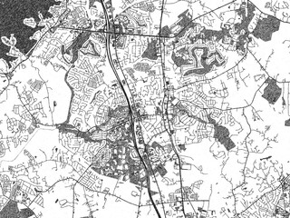 Obraz premium Illustrated city map of Huntersville, North_Carolina, in black and white, combining detailed grids with shaded textures.