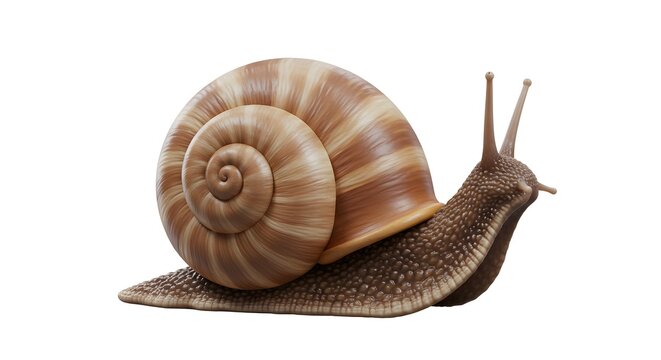 A realistic snail with a detailed, brown spiral shell and textured body. The snail&rsquo;s antennae are extended as it moves slowly, showcasing natural colors and lifelike textures in a close-up view.