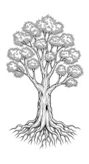 Detailed Tree Illustration in Black and White on White Background