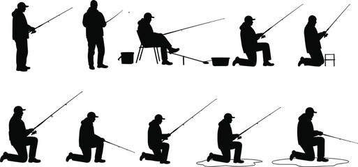 Set of black silhouette fishermen in various poses, fishing rods, sitting, standing, kneeling, with buckets and fishing gear, outdoor sport activity.