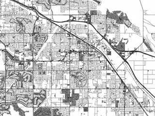 Fototapeta premium Minimalist map of Indio, California, illustrated in black and white with a bold street grid and shaded parks.