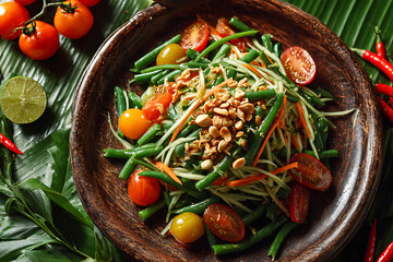 A vibrant and appetizing Som Tum salad featuring fresh green beans, tomatoes, and peanuts on a tropical background.