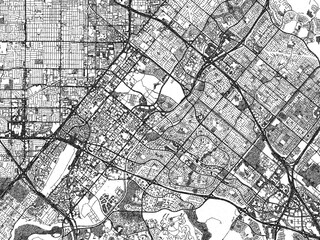 Naklejka premium Black and white map of Irvine, California, designed in a digital hand-drawn style, highlighting roads, parks, and rivers.