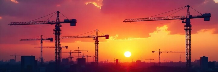 Silhouetted construction cranes against a vibrant sunset sky, highlighting the end of a long workday on a building site , industrial, construction