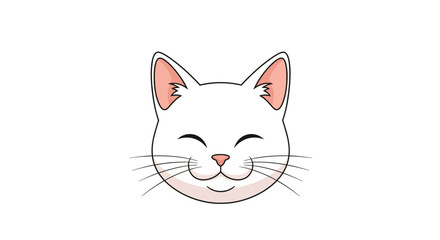 Happy white cat face with closed eyes and whiskers, illustration