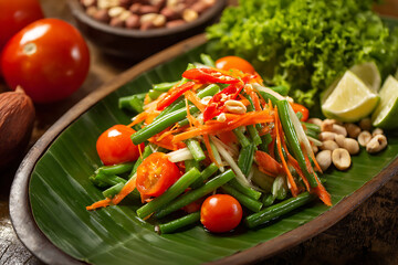 Delicious Som Tum Thai salad with green beans, tomatoes, carrots, lime and peanuts on a banana leaf.