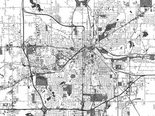 Fototapeta premium Hand-drawn style black and white city map illustration of Kalamazoo, Michigan, with detailed streets and shaded textures.