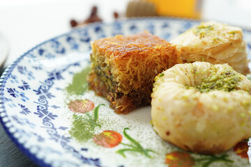 Closeup of All sorts of delicious-looking baklava on the table