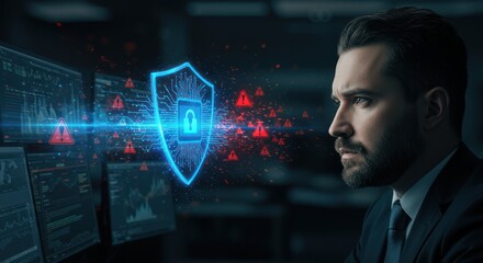 Cybersecurity specialist analyzes data security threats on multiple screens