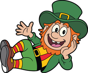 Happy leprechaun in green hat and outfit, red beard smiling cartoon character, St. Patrick’s Day symbol, festive Irish folklore mascot, cheerful lucky charm illustration.
