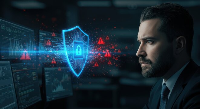 Cybersecurity specialist analyzes data security threats on multiple screens