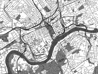 Fototapeta premium Hand-drawn style map illustration of Knoxville Center, Tennessee, in black and white with detailed streets and neighborhoods.