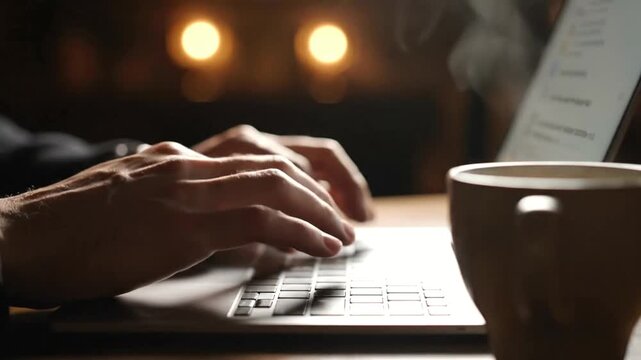Close-up of hands typing on a laptop keyboard next to a steaming hot cup of coffee in a dimly lit room.