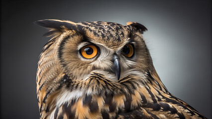 Fototapeta premium Close-up portrait of owl with sharp orange eyes and detailed feathers against neutral background perfect for wildlife photography, birdwatching visuals and educational zoology materials