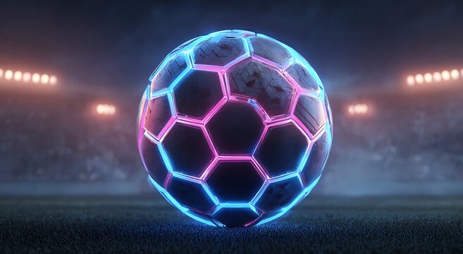 Futuristic neon soccer ball illuminated on a stadium field