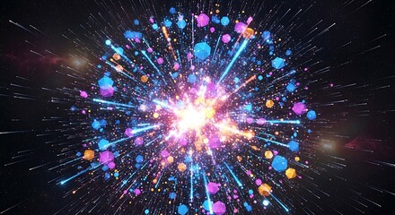 A vibrant explosion of colorful particles and light streaks against a dark cosmic backdrop