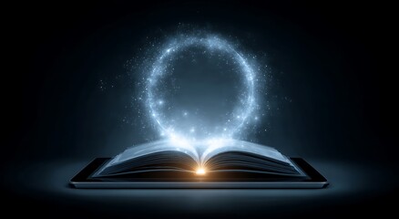 Magical glowing book opening with light and energy on a dark background