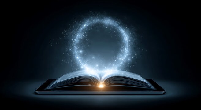 Magical glowing book opening with light and energy on a dark background