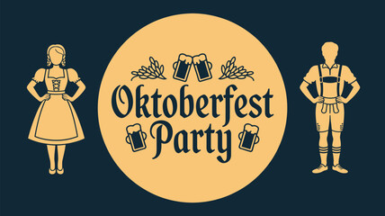 Oktoberfest party design with traditional german attire and beer mugs on a dark blue background