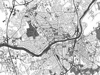 Hand-drawn style black and white city map of Lawrence, Massachusetts, showing its urban design in an artistic layout.