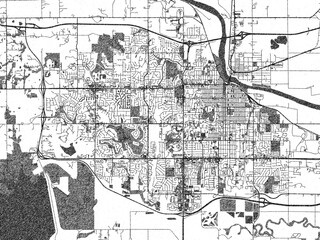 Black and white illustration map of Lawrence, Kansas, showing its detailed urban layout in a hand-drawn style.