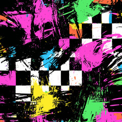 Bright neon colors define this trendy repeat design, which features a seamless abstract grunge pattern with paint splashes, chaotic strokes, spots, stains, and a checkered grid, creating a dirty