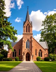 A stately church facade on a sunny day