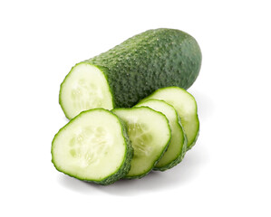 Cucumber and slices of cucumber isolated on white background.