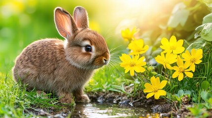 Cute Easter Bunny on Spring Meadow with Yellow Flowers and Water in Sunlight, Natural Holiday Background

