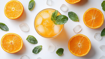 Refreshing Orange Juice with Ice and Mint A Flat Lay Food Photograph