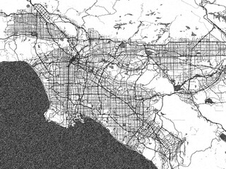Fototapeta premium Monochrome map illustration of Los Angeles, California, with hand-drawn style textures highlighting its streets and rivers.