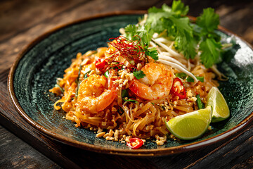 Delicious Pad Thai with Shrimp and Lime: A Culinary Delight on Rustic Wood
