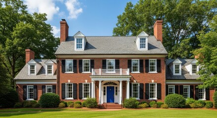 Historic Red Brick Colonial Home With Lush Green Landscaping