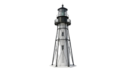 Tall White Lighthouse with Black Metal Structure.