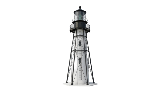 Tall White Lighthouse with Black Metal Structure.