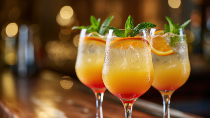 Colorful summer cocktails with orange slices, ice and mint in elegant glasses on bar counter with warm bokeh lights