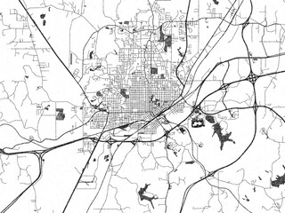 Fototapeta premium Minimalist map of Meridian, Mississippi, illustrated in black and white with a bold street grid and shaded parks.