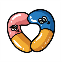 Pharmacy pill with heart symbol cartoon vector illustration