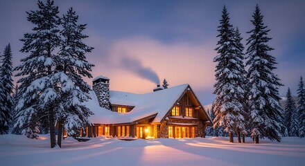 Serene winter cabin scene: A cozy retreat amidst snow-covered pines and a soft evening glow illuminates the welcoming