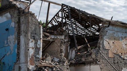 ruined street and destroyed houses in Kiev war in Ukraine
