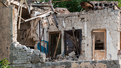 ruined street and destroyed houses in Kiev war in Ukraine