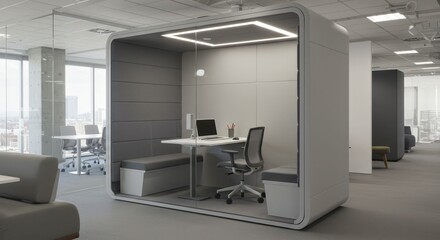 Office space featuring modern meeting pod interior design and layout.