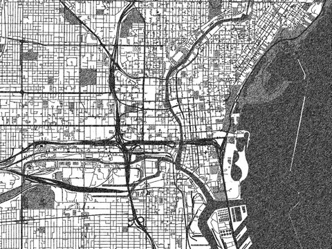 Poster-ready city map of Milwaukee Center, Wisconsin, in black and white sketch-like style with detailed street layouts.
