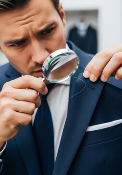 Man with Magnifying Glass Nitpicking Suit - Criticizing, Detail-Oriented, Tailoring, Quality Check