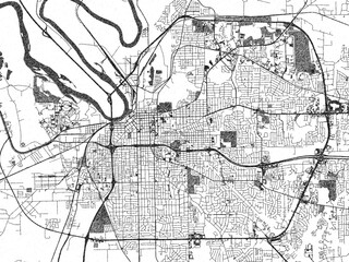 Hand-drawn style black and white city map illustration of Montgomery, Alabama, with detailed streets and shaded textures.