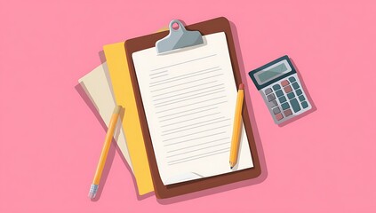 Clipboard with paper calculator pencil and ruler on pink background