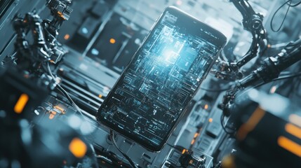 Futuristic robotic arms assembling a smartphone with visible internal circuitry.