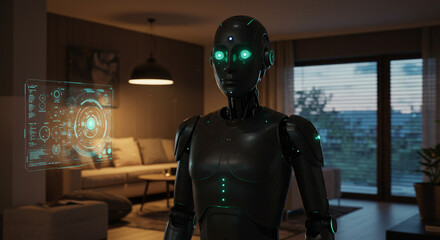 Futuristic robot with glowing eyes interacting with a holographic interface at home